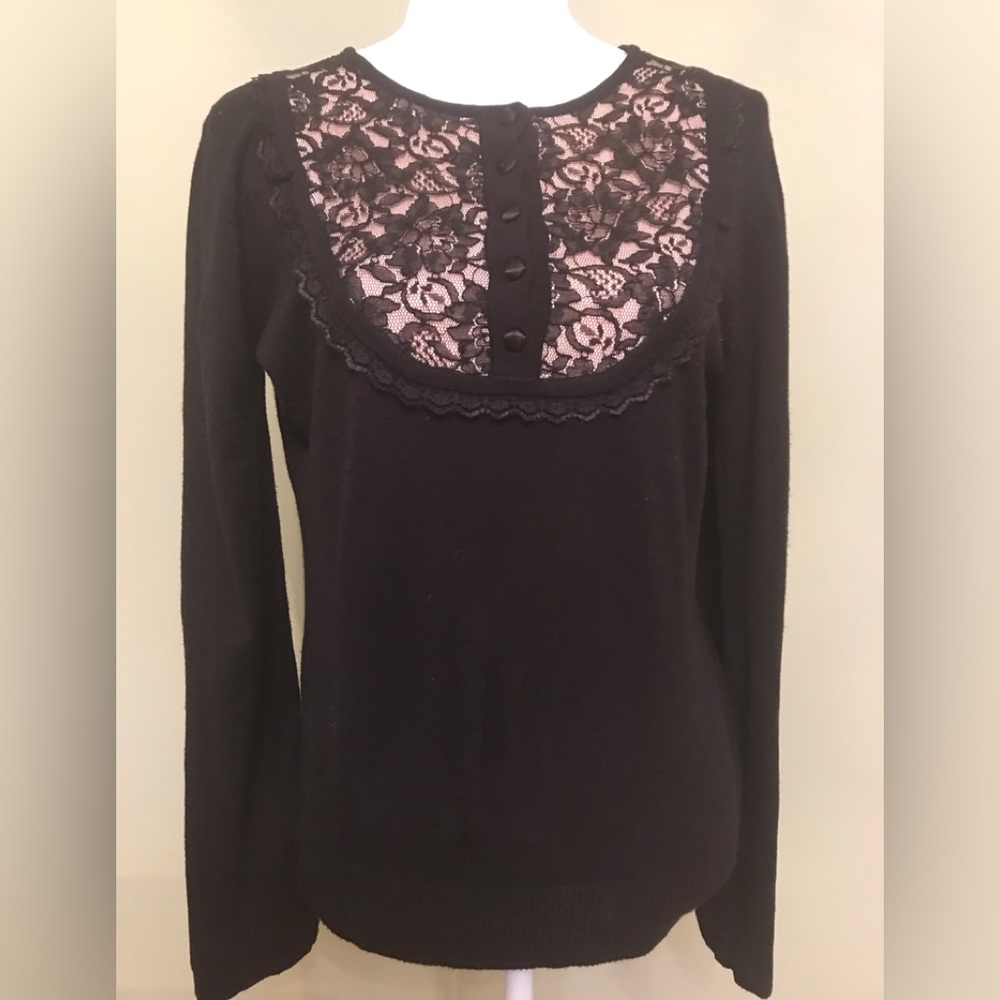 ❤️❤️❤️NEWPORT Black Lace Embellished Sleeves Fitted Top, M/L